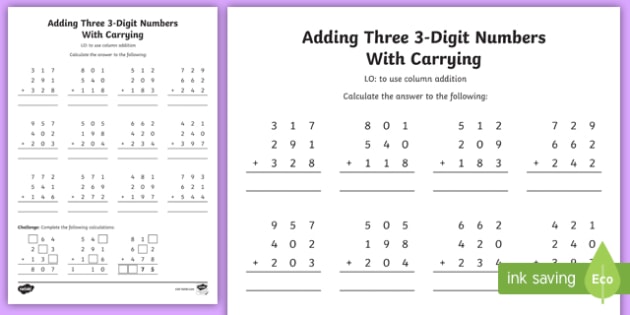 Adding Three 3 Digit Numbers in a Column Worksheet Year 3