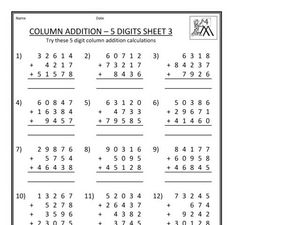 Column Addition-5 Digits, Sheet 3 Worksheet for 3rd - 4th Grade ...