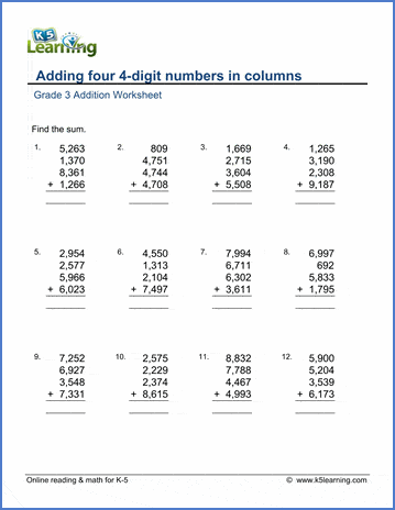 Grade 3 Addition Worksheets: adding four 4-digit numbers in ...