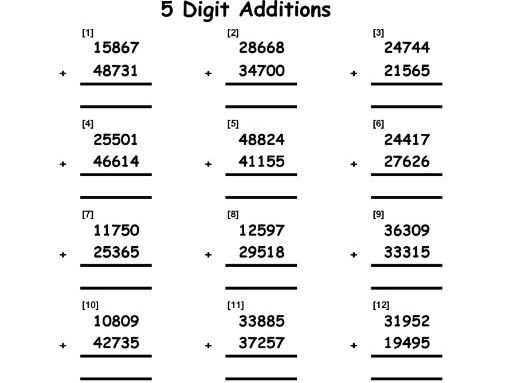 ADDITION WORKSHEETS - 5 DIGITS  