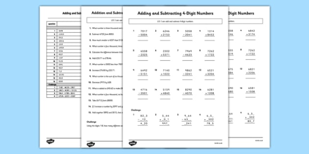 Large Number Addition and Subtraction Worksheets - Year 4