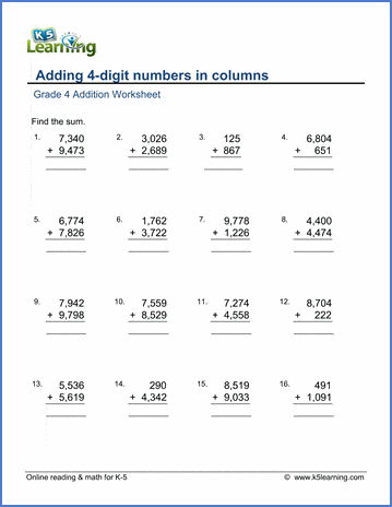 Adding 4-digit numbers in columns | Worsheets library