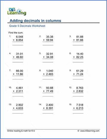 Grade 5 Math Worksheets: Adding decimals in columns | Worsheets library