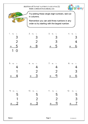 Addition of 3 small numbers in columns (1) - Addition Year 2 (aged ...
