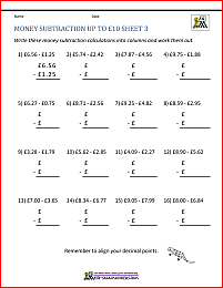 Money Subtraction Worksheets UK Money
