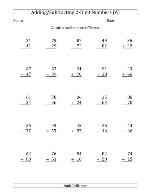 2-Digit Plus/Minus 2-Digit Addition and Subtraction with SOME ...
