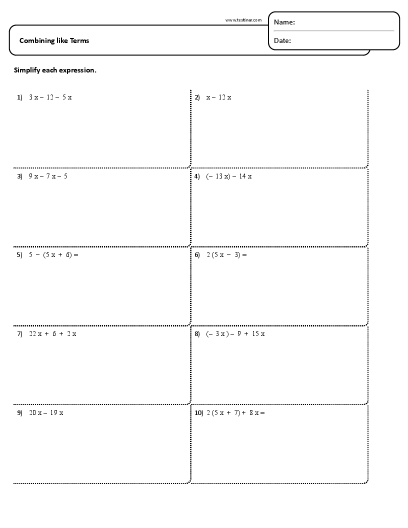 Combining like Terms worksheets