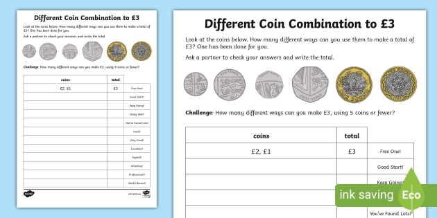 ? Different Coin Combination to £3 Activity Sheet
