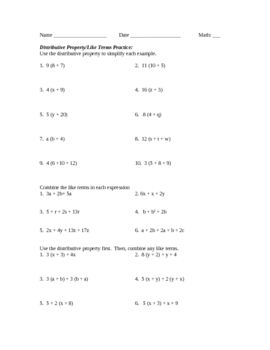 Distributive Property and Like Terms Worksheet and Key by Shannon ...