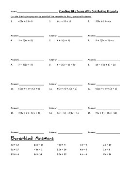 combining like terms and distributive property worksheet