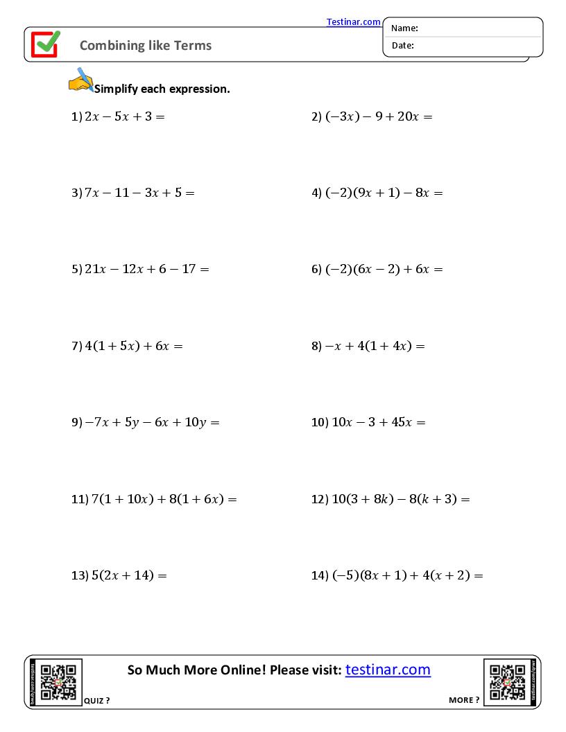 Combining like Terms worksheets