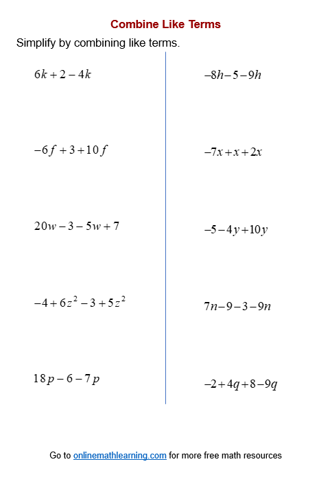 combining like terms printable worksheet