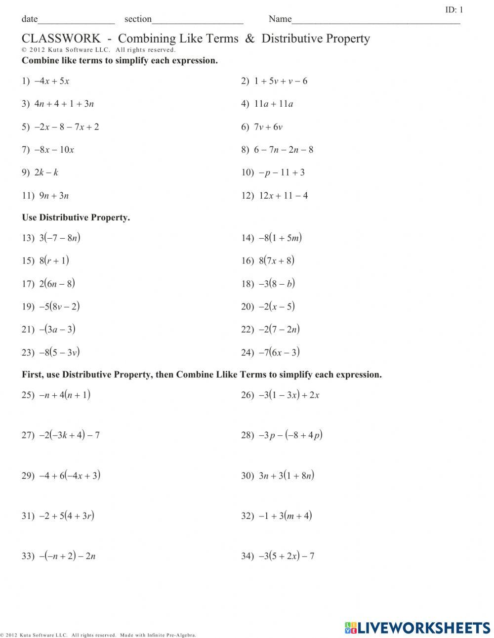 Combining Like Terms online exercise  