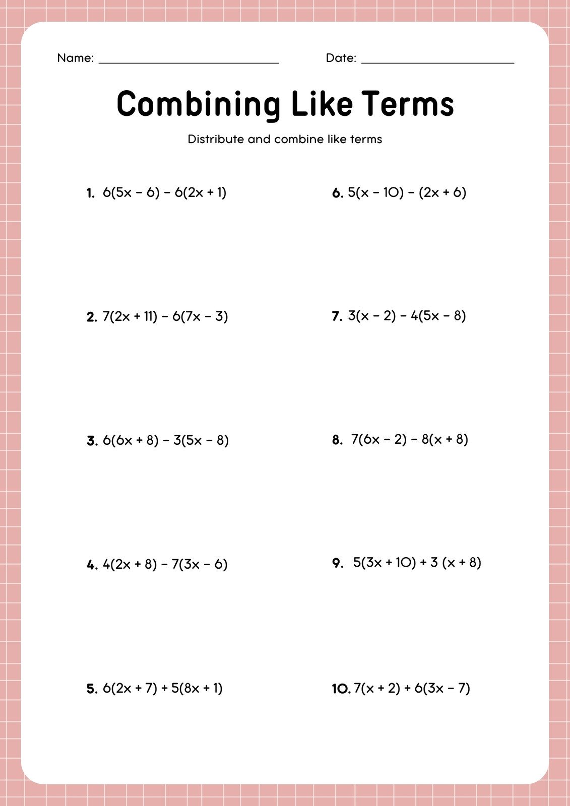 Free custom combining like terms worksheet templates Canva