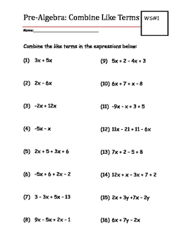 Pre-Algebra Practice Worksheet: Combine Like Terms worksheets library