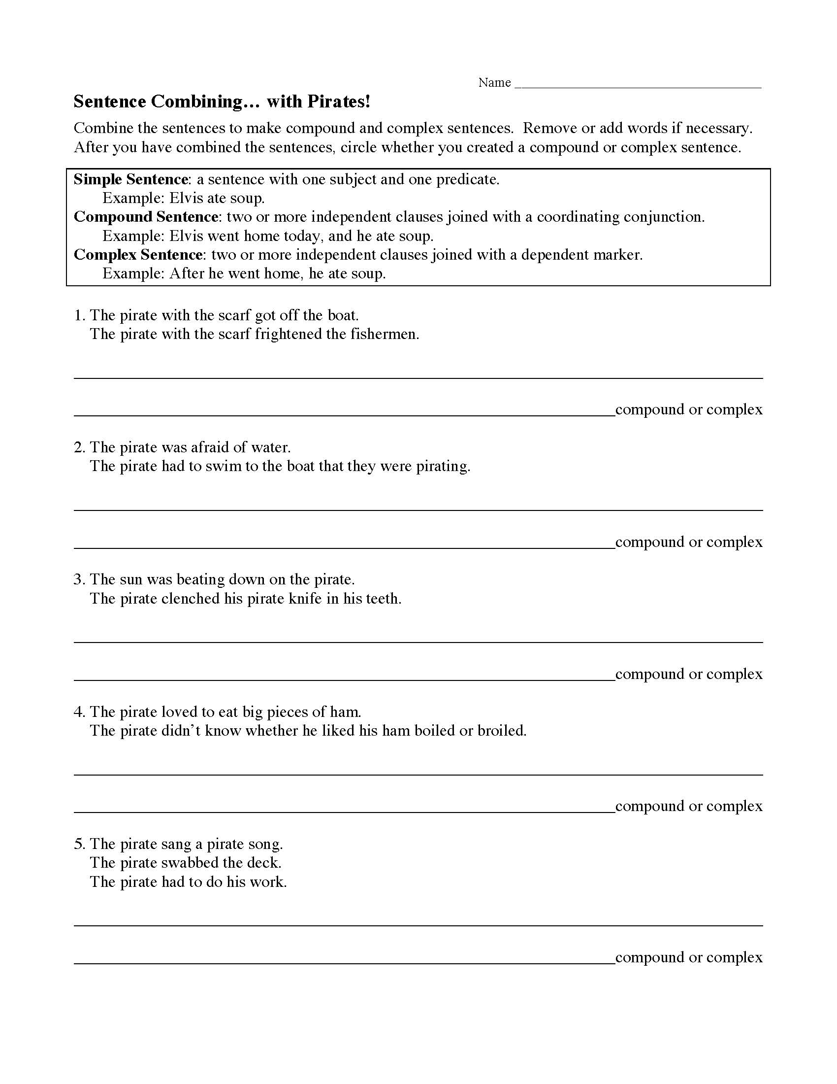 Sentences Combining with Pirates Worksheet | Preview
