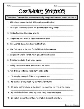Combining Sentences Worksheets by Mr and Mrs Brightside | TPT