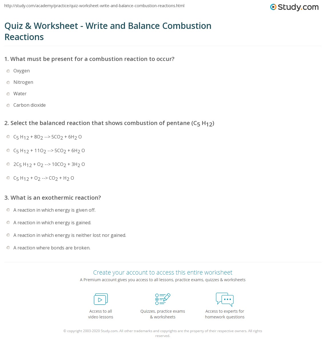 Quiz &  Worksheet - Write and Balance Combustion Reactions | Study.com