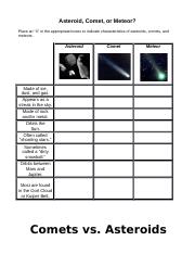 comet asteroid meteor worksheet answers