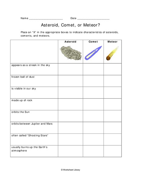 comets meteors and asteroids worksheet