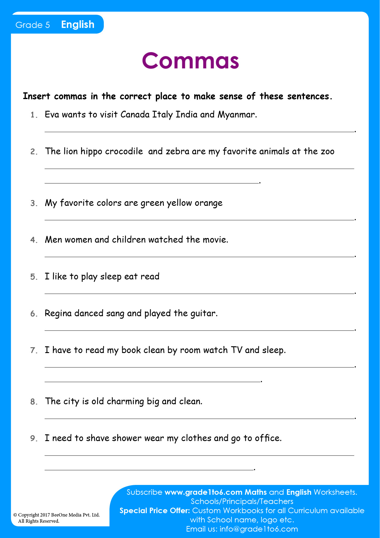 Comma Worksheet for Class 4 and 5 | Grade1to6.com
