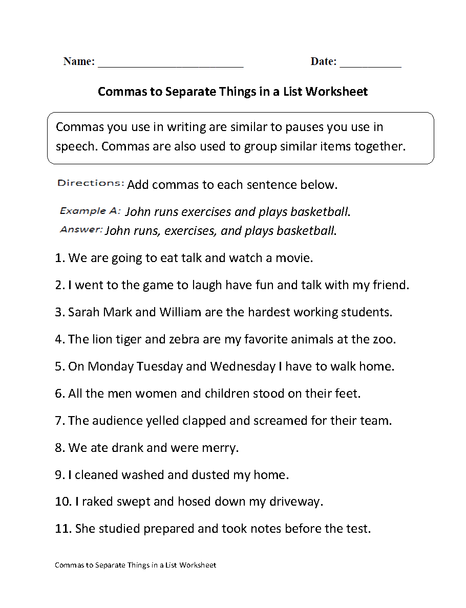 Commas Worksheets | Commas Separate Things in List Worksheet