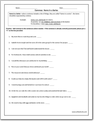 comma in a series worksheet