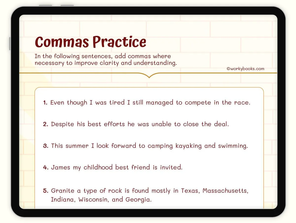 Comma Worksheet | L.5.2.A,L.5.2.B,L.5.2.C | Workybooks