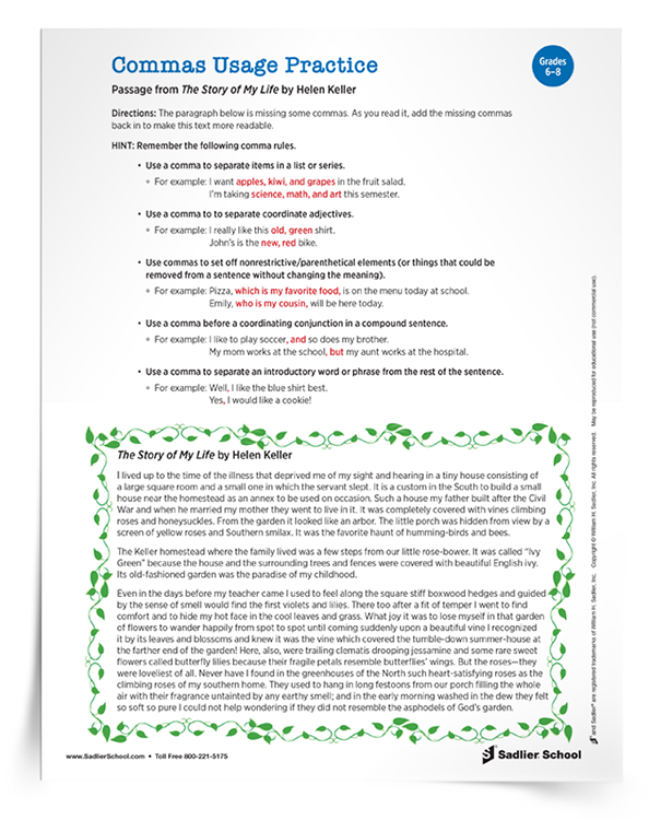 comma practice worksheet answers