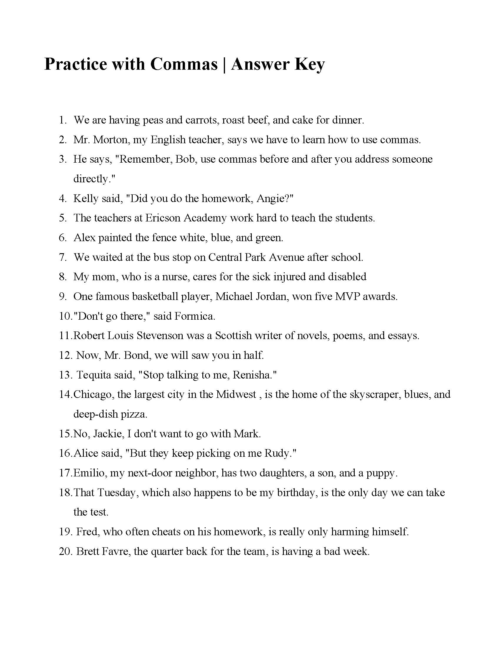 Practice with Commas | Answers