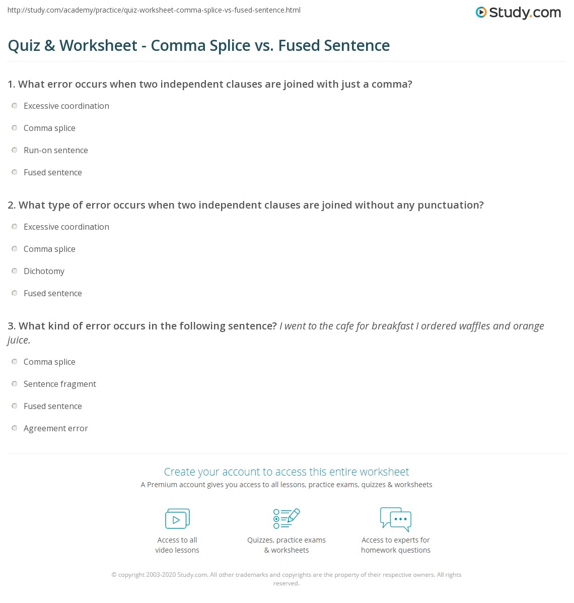 comma splices and fused sentences worksheet