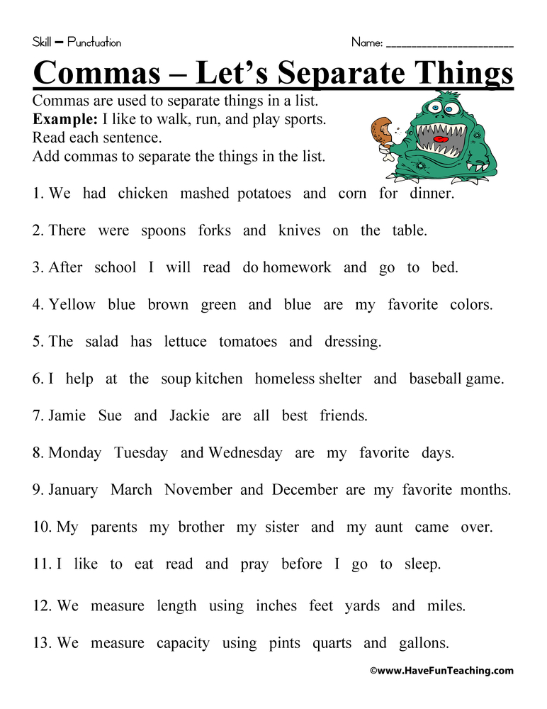 Lets Separate Things Comma Worksheet  