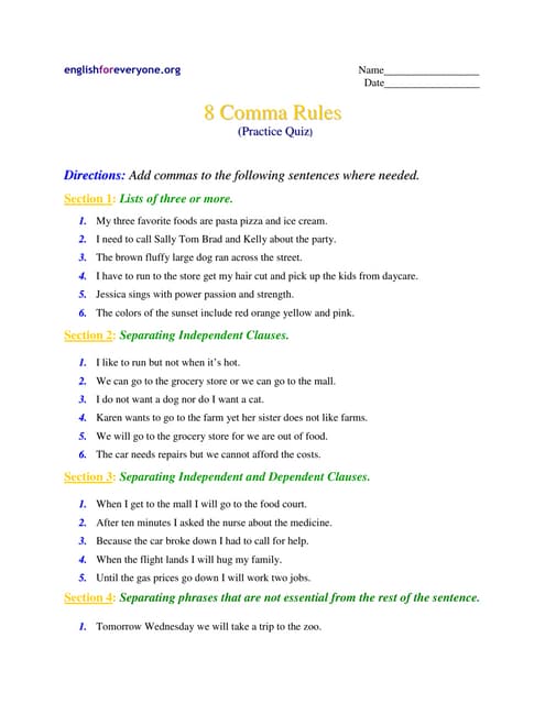Commas Worksheet | PDF