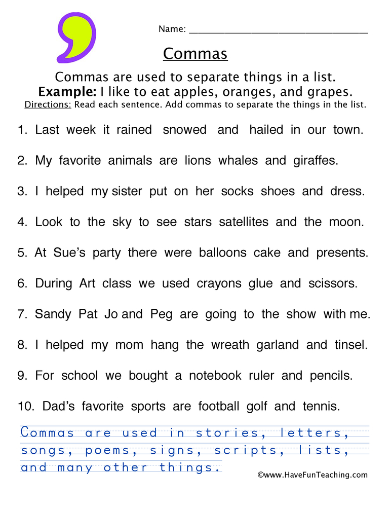 Comma List Worksheet  
