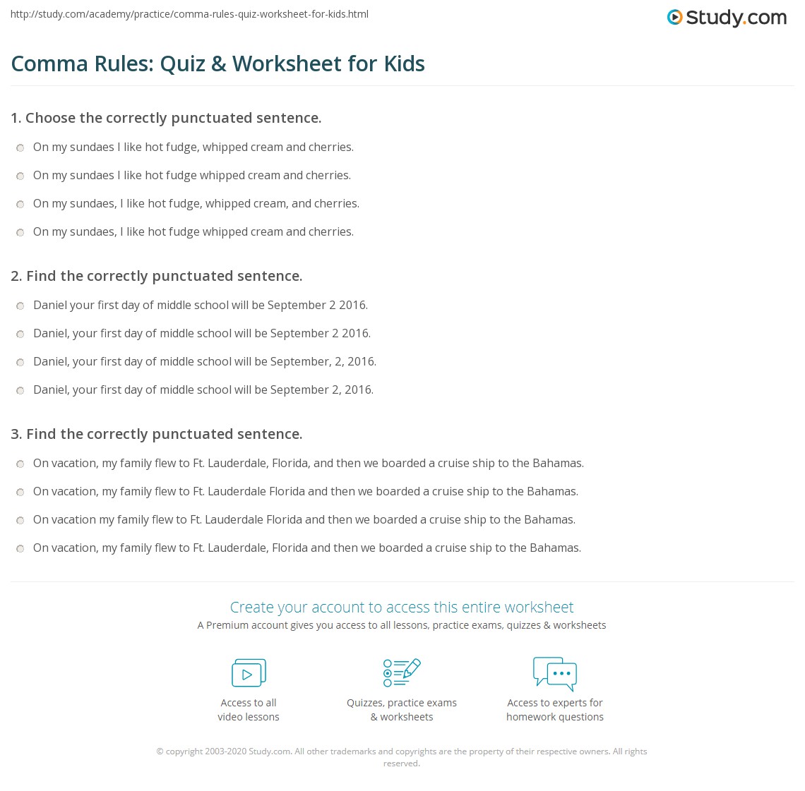 comma worksheet for college students