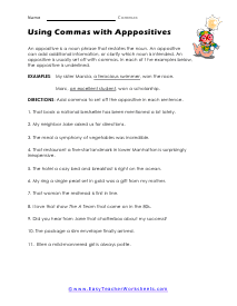 comma worksheet for high school