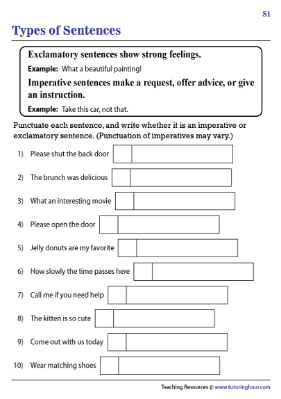 Command and Exclamatory Sentences Worksheets
