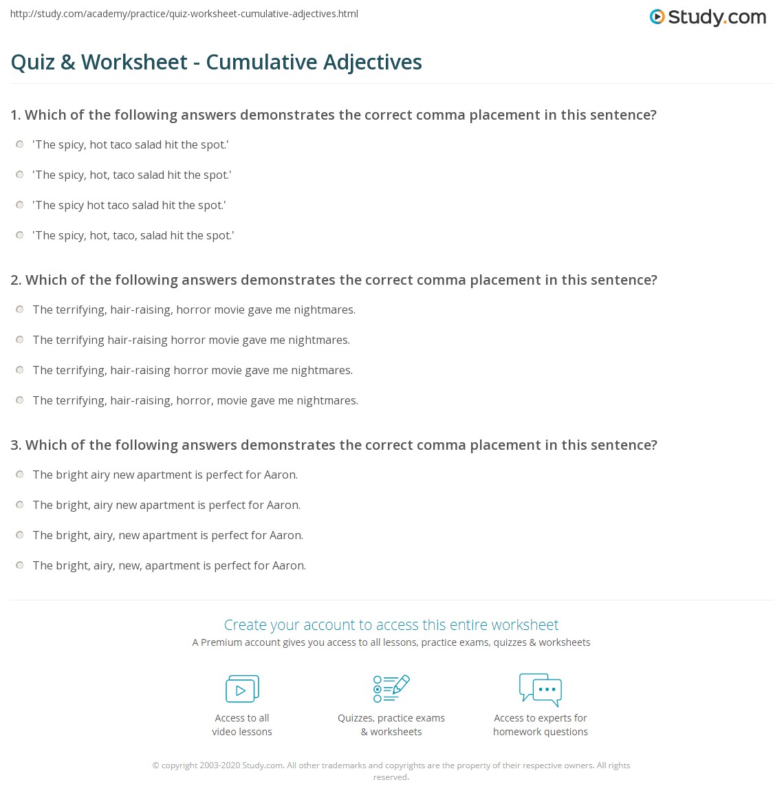Quiz &  Worksheet - Cumulative Adjectives | Study.com