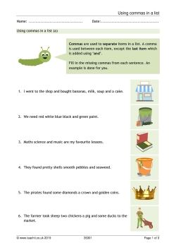 Commas in lists | KS1 English | Teachit