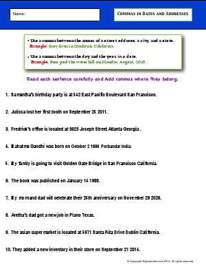 commas in dates worksheet