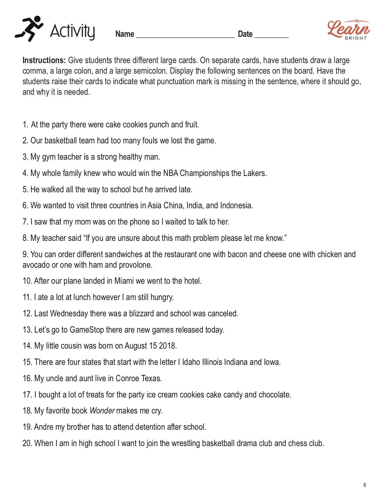 Comma or Semicolon Worksheet Punctuation Activity Worksheets Library