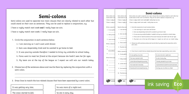Using Semi-Colons Worksheet - Primary Resources - Twinkl