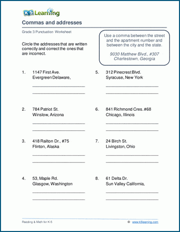 Commas and addresses worksheets | Worsheets library