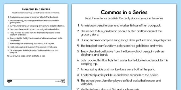 Commas in a Series Activity - ELA Teaching Resource