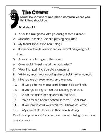 commas worksheet with answers