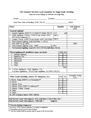 2015 Form CA NEC Standard Electrical Load Calculation for Single ...