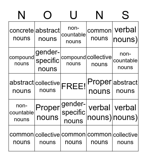 common and proper noun bingo