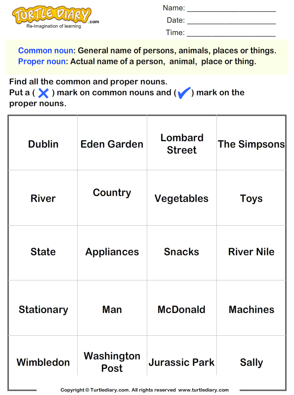 Sorting Common and Proper Nouns | Turtle Diary Worksheet