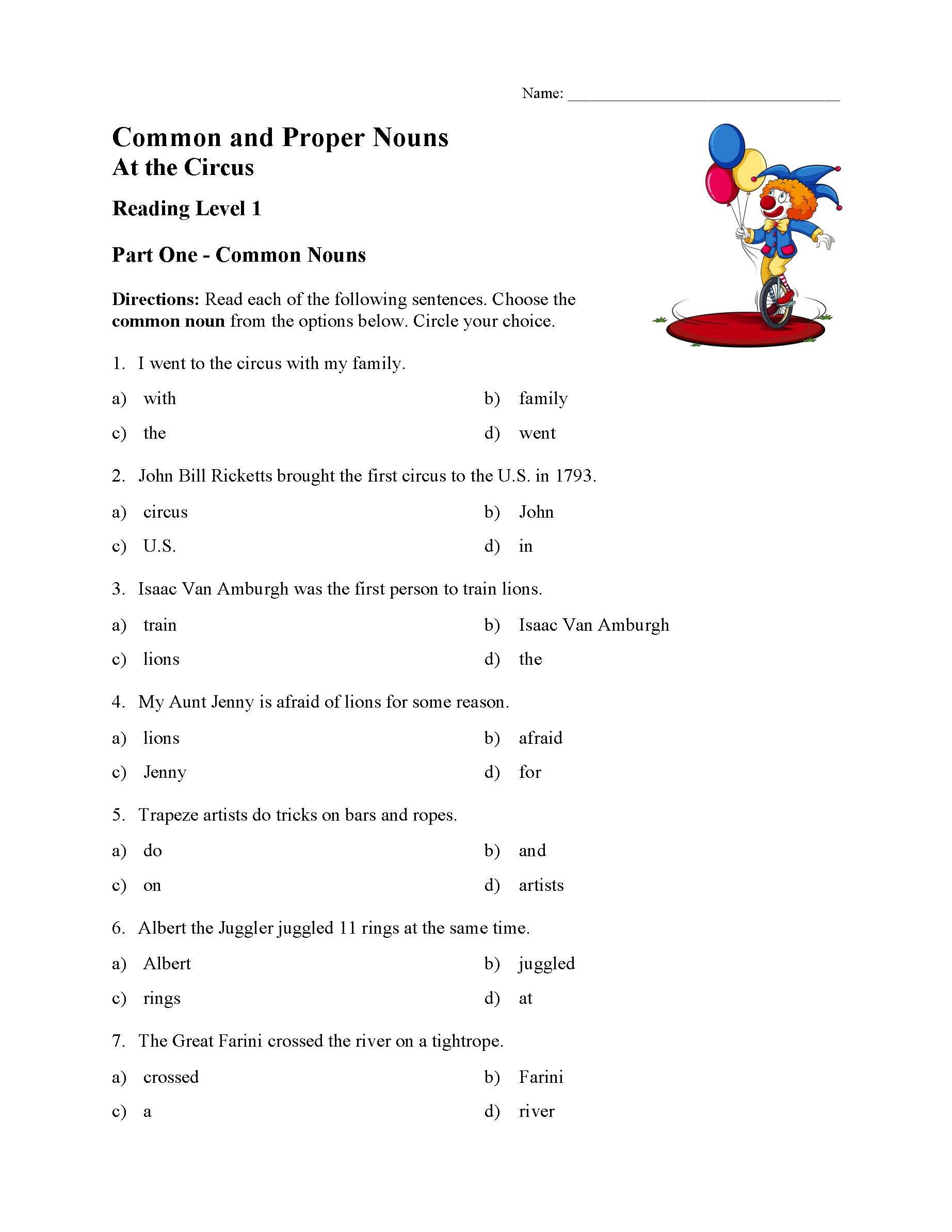 Common and Proper Nouns Test 1 | Reading Level 1 | Preview