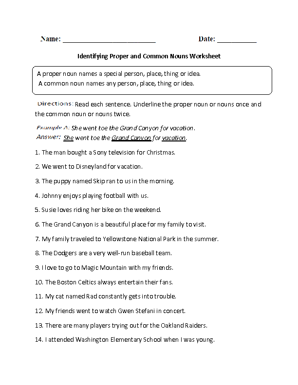Nouns Worksheets | Proper and Common Nouns Worksheets